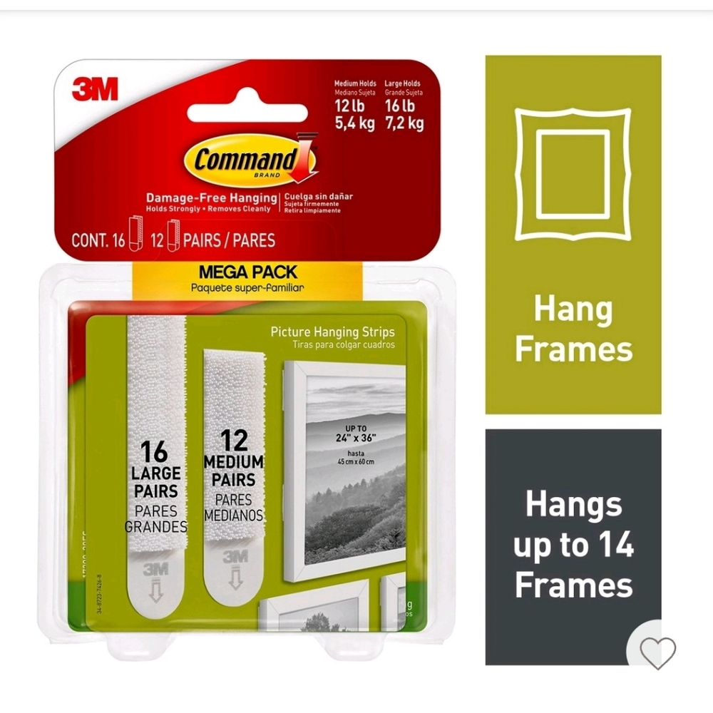 Command 12 Sets of Medium - 16 Sets of Large Size Picture Hanging Strips
